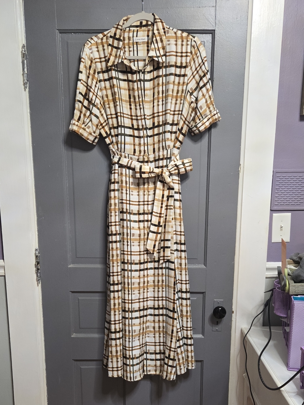 Calvin Klein Beige and Brown Plaid Midi Shirt Dress